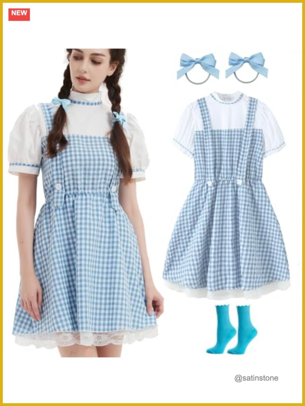 Women's Halloween Costume Blue Gingham Dress with Ponytail Holders and Socks